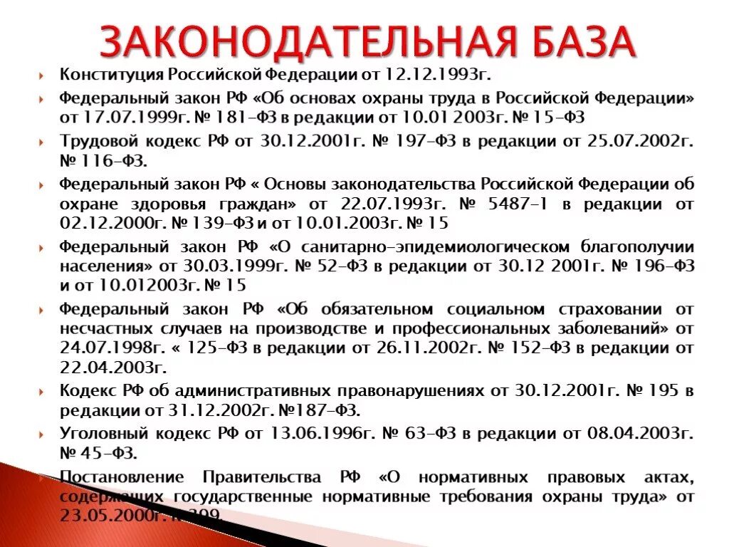 Трудовое законодательство список. Законодательная база охраны труда в Российской Федерации. Федеральные законы в области охраны труда. Основные законы по охране труда. Основные федеральные законы по охране труда.