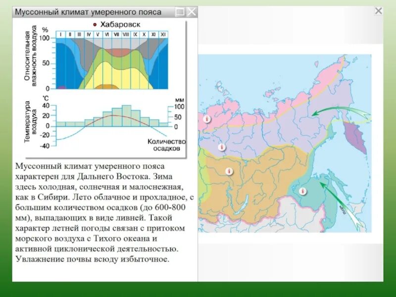 Морской климат погода летом и зимой. Климатограмма муссонного климата России. Область муссонного климата умеренного пояса. Климатическая карта дальнего Востока. Муссонного климата умеренного климатического пояса.