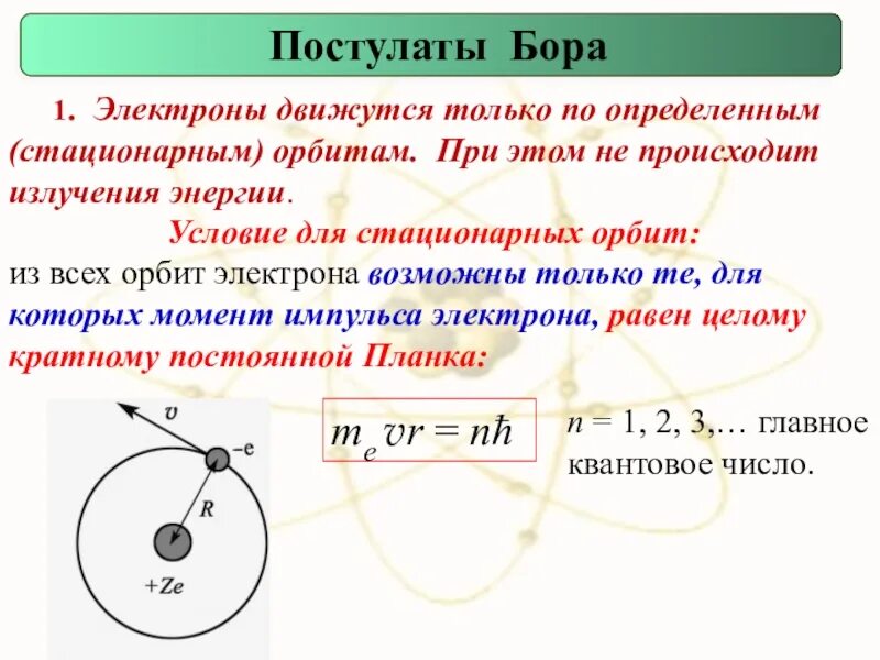 Радиус стационарных орбит. Постулаты Бора. Стационарные орбиты электрона. Постулат Бора момент импульса. Теория Бора постулаты Бора.