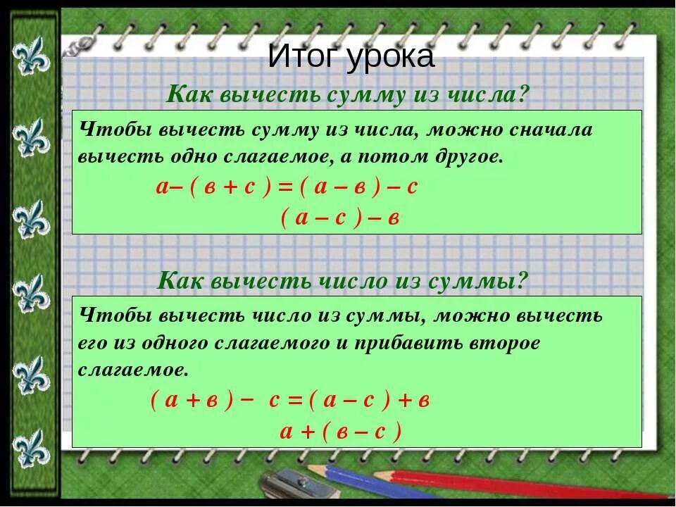 Вычитание суммы из числа. Правило вычитания числа из суммы. Чтобы вычесть сумму из числа. Вычитание суммы из числа и числа из суммы.