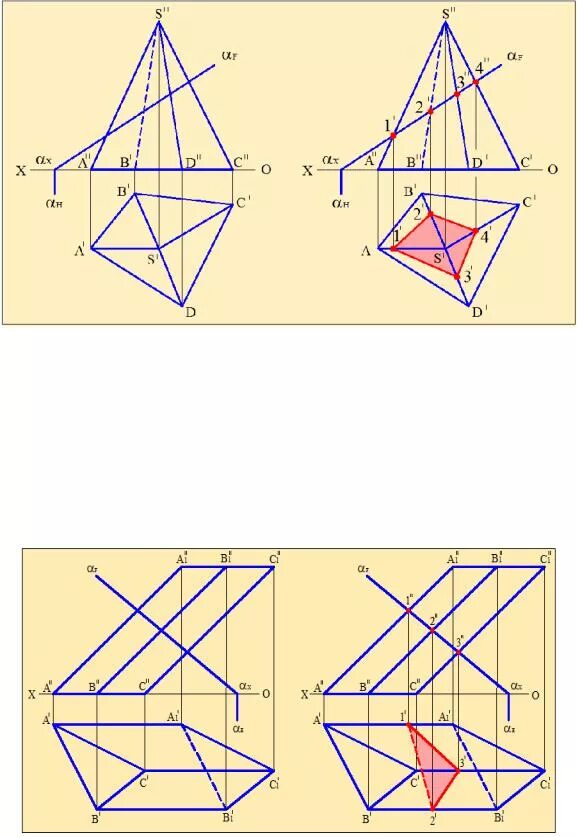 Сечение поверхности плоскостью пирамиды. Сечение пирамиды фронтально проецирующей плоскостью. Сечение поверхности плоскостью пирамида. Пересечение пирамиды плоскостью. Видимость сечения пирамиды плоскостью.