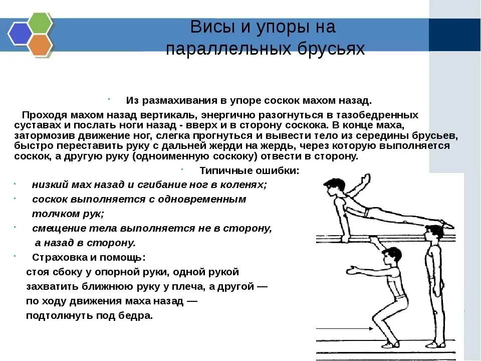 Комплекс упражнений в упоре. Упражнения на силу. Из размахивания в упоре соскок махом назад на брусьях. Упражнения на брусьях физкультура.