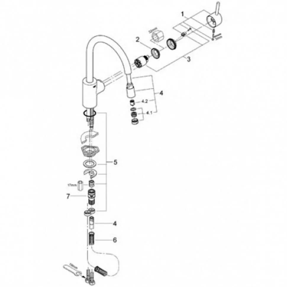 Сборка смесителя для кухни. Рычаг смесителя Grohe 42441000. Смеситель для кухни Grohe с гибким шлангом. Схема разобрать смеситель Грое. Разобрать кран Grohe для кухни.