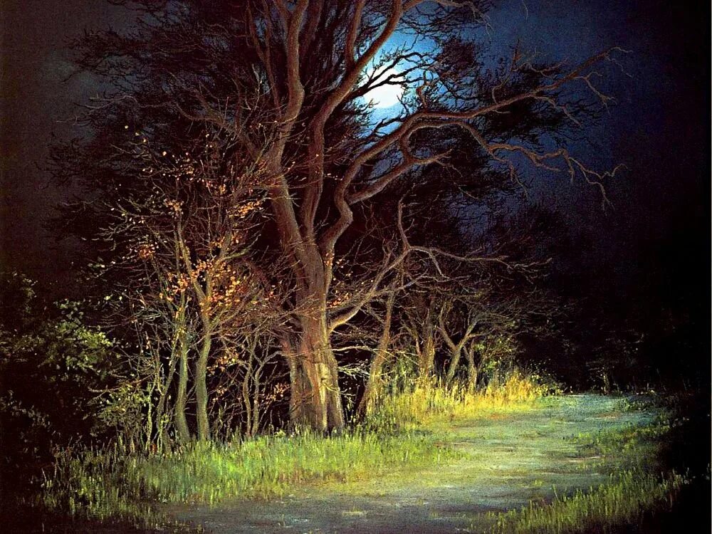 Sudworth, Anne художник. Ночной лес живопись. Мистические пейзажи. Мистическая живопись. Лунной ночью свет загадочно