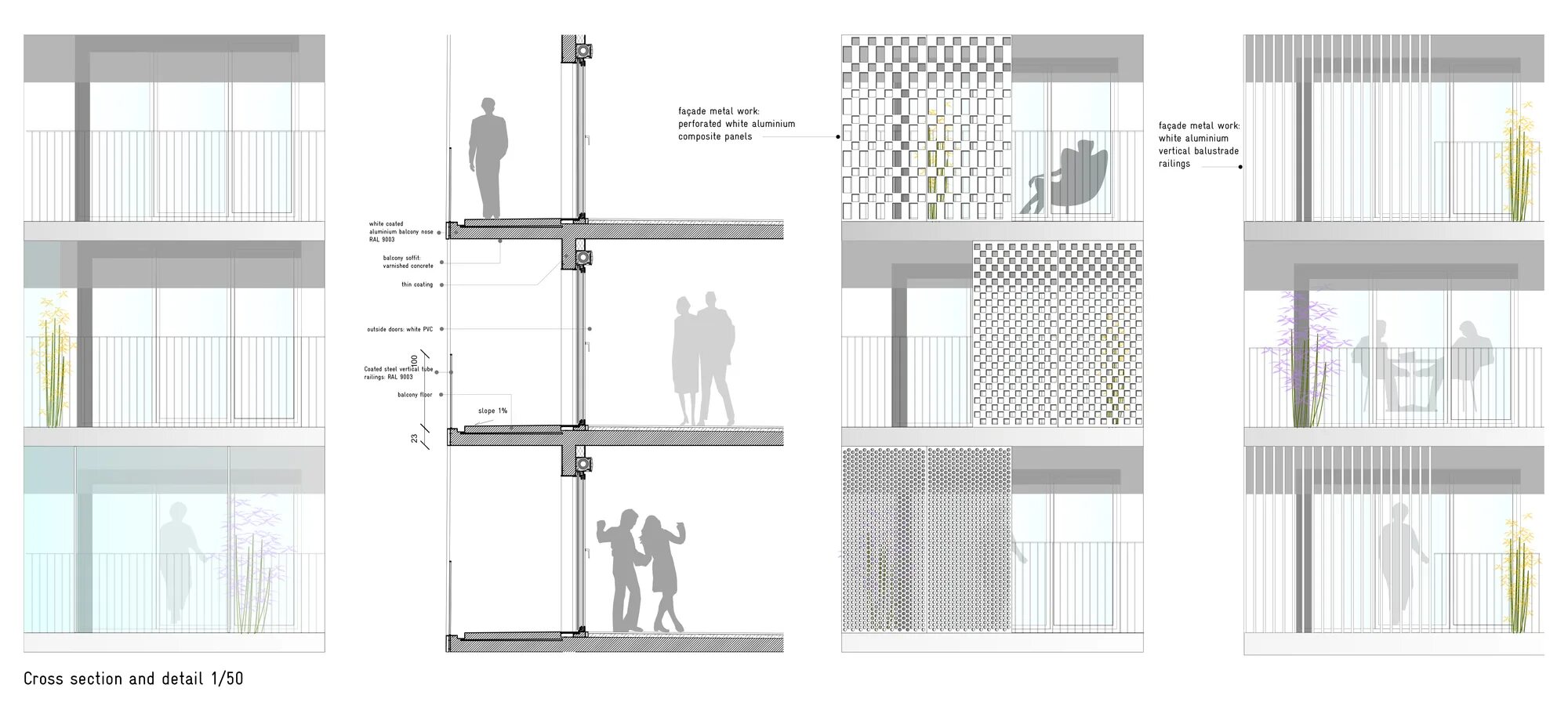 Detail. Perforated facade details Section details. Metallic facade drawing. Metal facade drawing. Rue Masson Seraing.