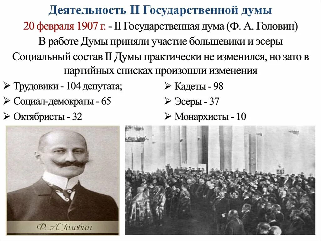 Деятельность большевиков. Председатель второй государственной Думы 1906. Партийный состав 2 государственной Думы 1907. II государственная Дума (февраль — июнь 1907 г,).. Состав партии 2 гос Думы 1907.