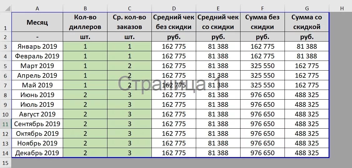 В экселе таблица размеров