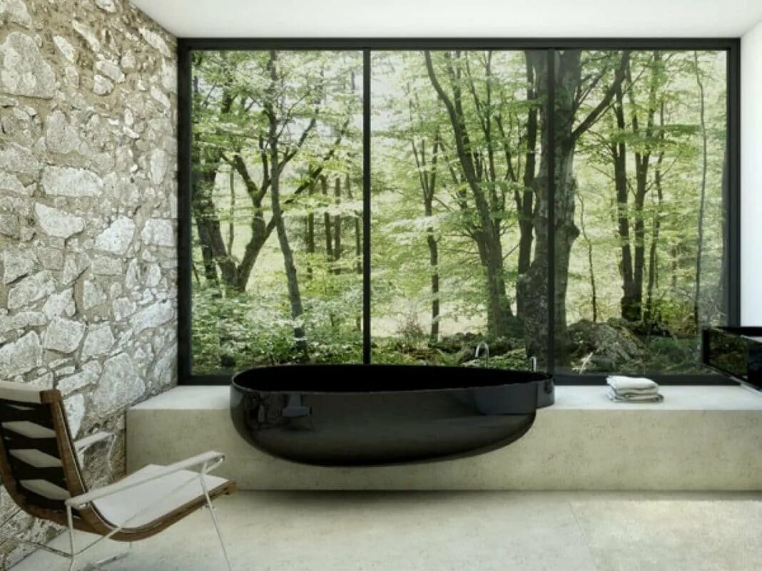 Ванна фотообои. Ванная комната в стиле леса. Имитация окна в интерьере. Ванная комната с растениями. Фальш окно в ванной.