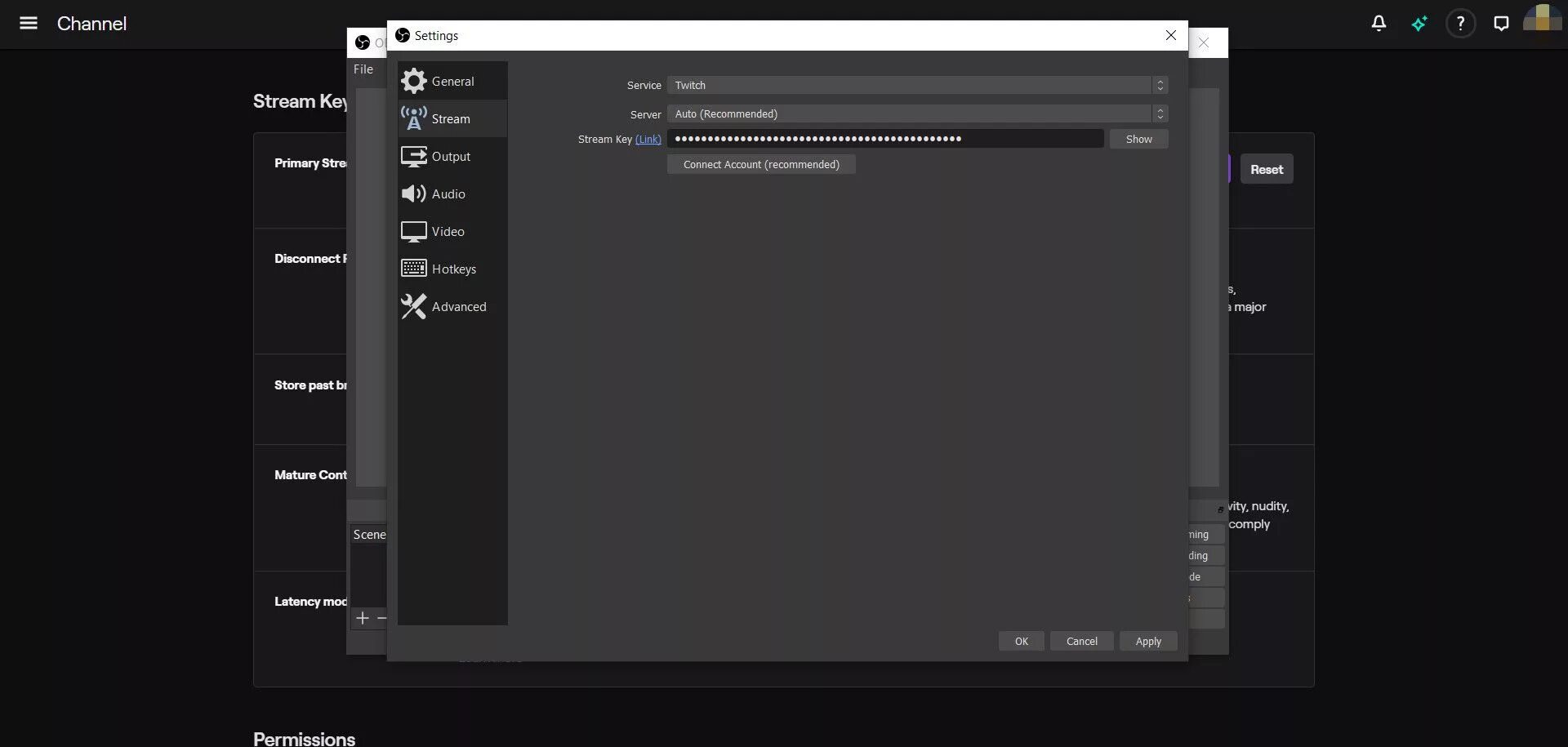 Ошибка аутентификации с твич в обс. Twitch ключ потока. как узнать ключ потока твич. ключ потока обс. stream key на вкладке stream настроек obs..