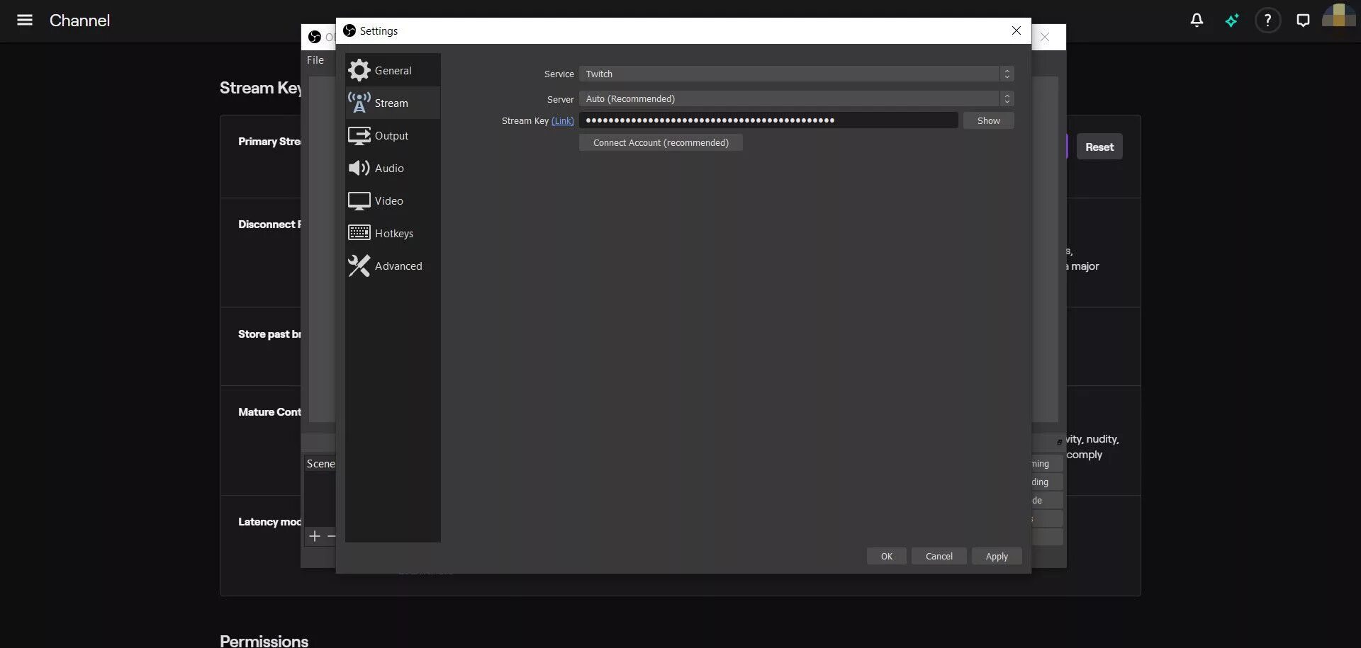 Ошибка входа на твич обс. Twitch ключ потока. Как узнать ключ потока Твич. Ключ потока обс. Stream Key на вкладке Stream настроек OBS..