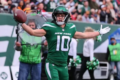 New York Jets wide receiver Braxton Berrios celebrates after he scores a to...