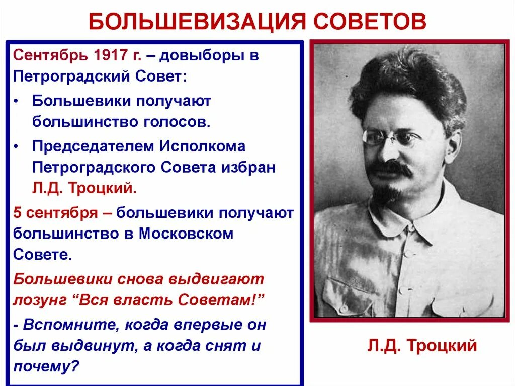 Троцкий какое событие. Троцкий председатель Петросовета 1917. Петроградский совет сентябрь 1917. Петроградский совет 1917 возглавил. Большевизация советов 1917.