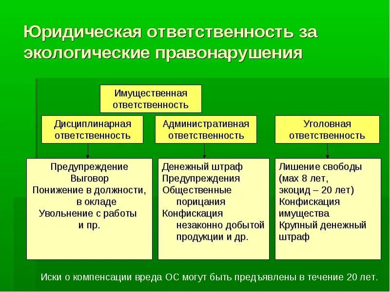 Каким нормативным правовым актом предусмотрена ответственность. Виды ответственности за экологические правонарушения. Виды юридической ответственности в экологическом праве. Виды юридической ответственности за экологические правонарушения.