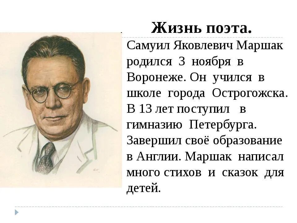 Конспект урока маршак 1 класс школа россии. Сообщение о Самуиле Яковлевиче Маршаке. География Самуила Яковлевича Маршака 3 класс.