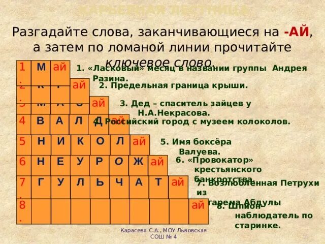 Окончание в слове кончилась. Слова заканчивающиеся на ай. Ступени кроссворд. Слова которые заканчиваются на ай. Кроссворд лестница.