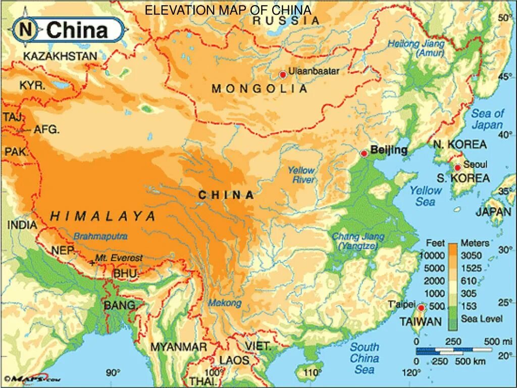 Средняя высота китайской равнины. Физико-географическая карта Китая. Река Хуанхэ на карте Китая. Физическая карта Китая. Рельеф Китая карта.