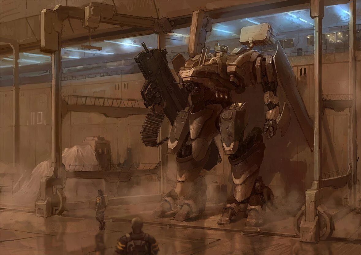 Мех арт. Боевой мех sci-fi арт. sci-fi пилот меха. пилот меха киборг концепт арт. тяжеловооруженный робот sci-fi.