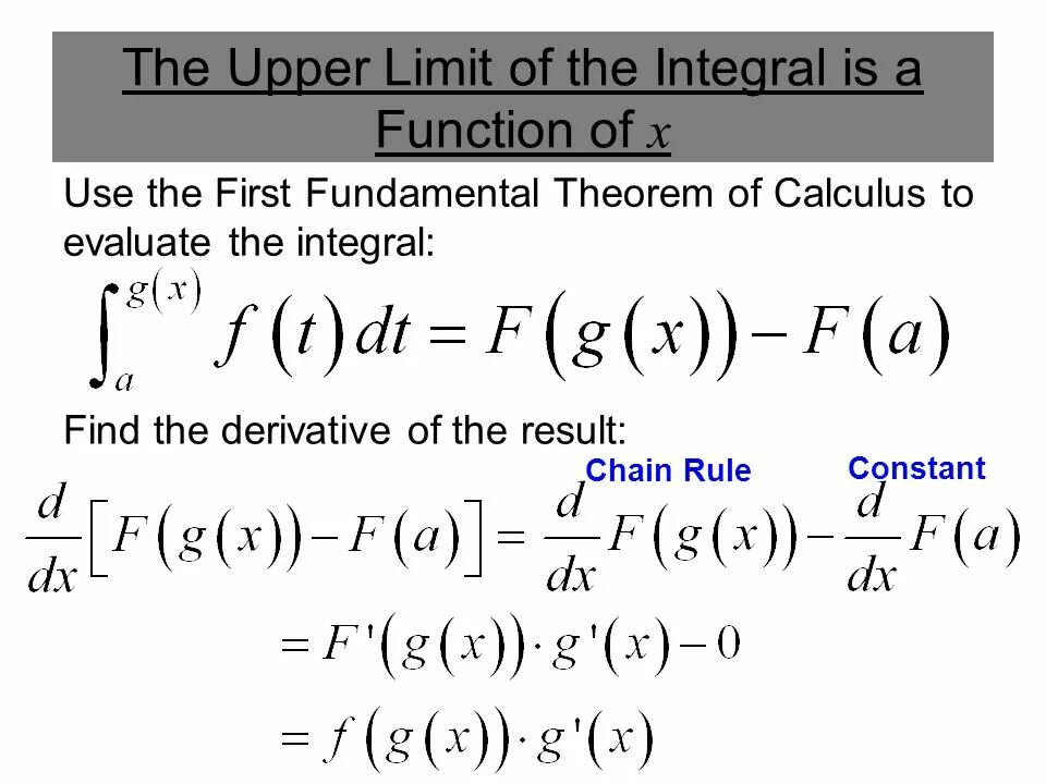 Upper limit. First fundamental Theorem of Calculus. Second fundamental Theorem of Calculus. Integral Calculus. The Basic Theorem of Calculus.