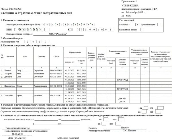 Заполнение подраздел 1.2 сведения о страховом стаже