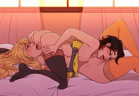 kateami, ruby rose, yang xiao long, rwby, 2girls, areolae, ass, black hair,...