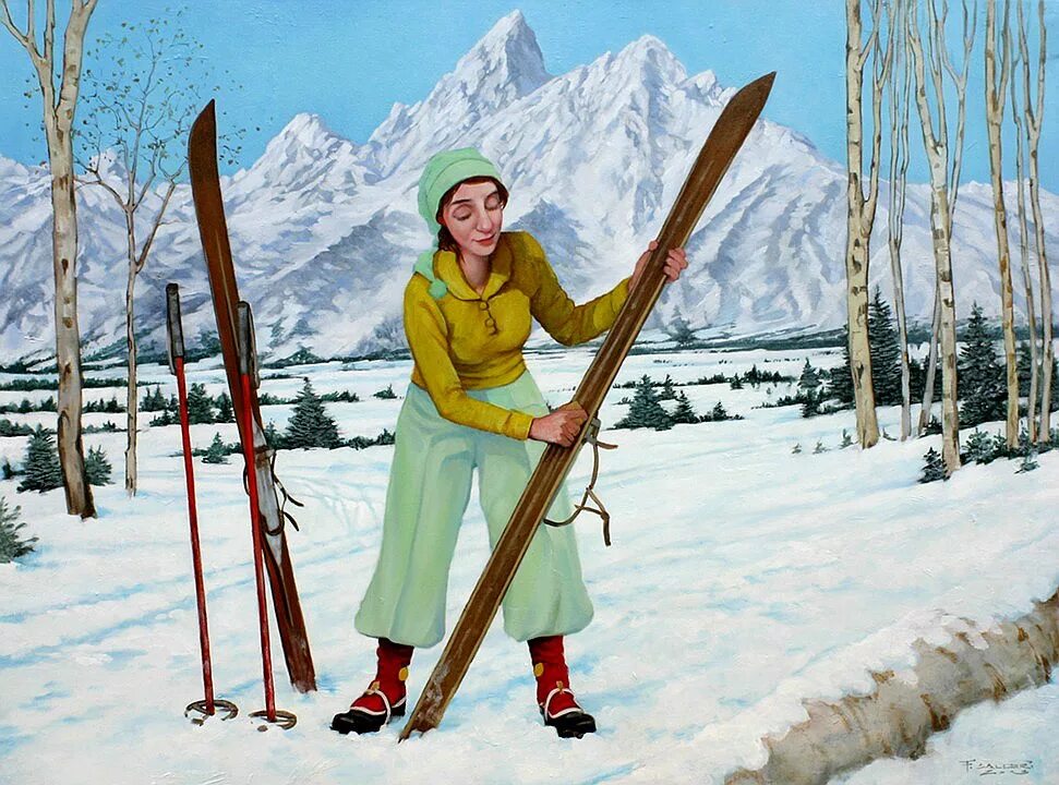 Картина лыжники. Горнолыжники живопись. Старинные лыжи. Человек на лыжах. Лыжники живопись.