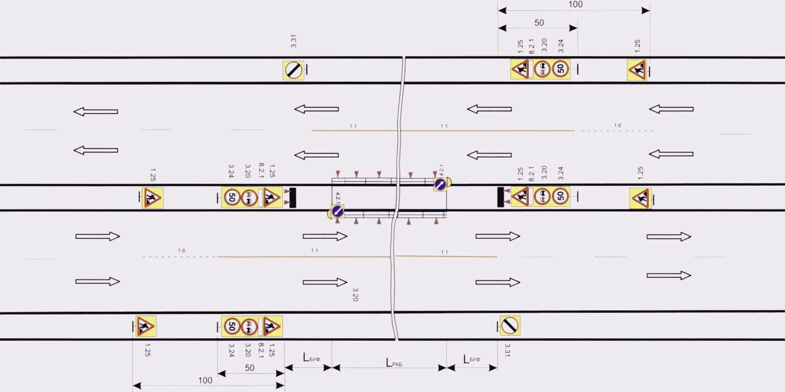 Работа в населенном пункте. Схема расстановки дорожных знаков 4 полосы. Схема организации дорожного движения четырехполосная. Схемы организации дорожных работ 4-полосные. Дорожные работы на разделительной полосе.