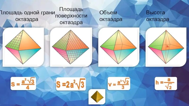 Правильный октаэдр площадь. Формула для нахождения площади октаэдра. Площадь поверхности октаэдра. Рлощадт поверхносьи октаэдр. Площадь gjdth[yjcnbоктаэдра.