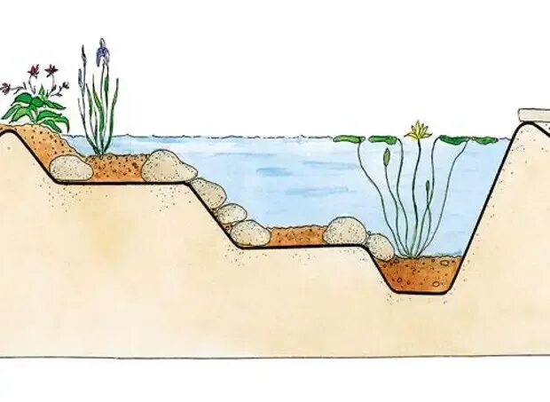 Конструкция водоема. Профиль дна пруда. Профиль искусственного водоема. Профиль дна водоема. Искусственном водоеме глубина.