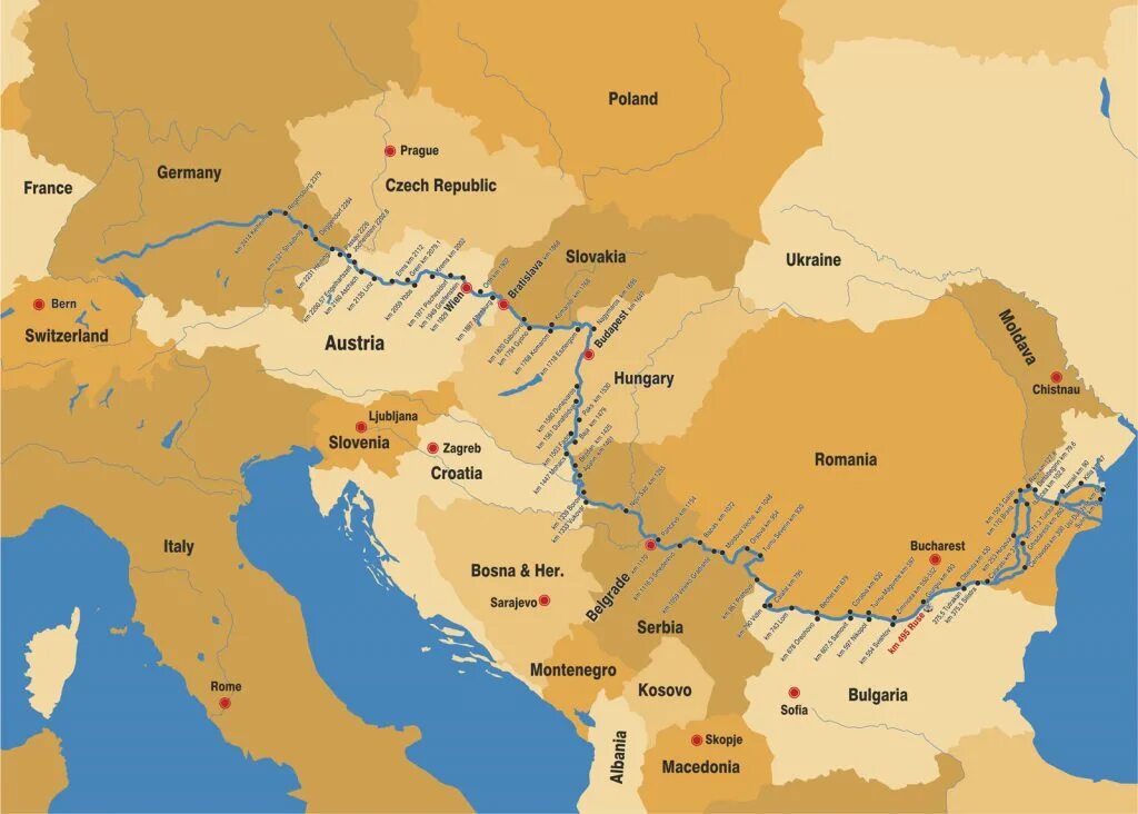Страны через которые протекает дунай. Река Дунай на карте. Река Дунай на карте Европы. Река Дунай на карте России.