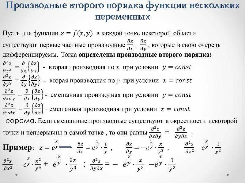 Найти частные первого и второго порядка. Вычислите производную первого порядка функции y=. частные производные второго порядка функции нескольких переменных. производная функции 2 переменных. производные сложных функций 2 переменных.