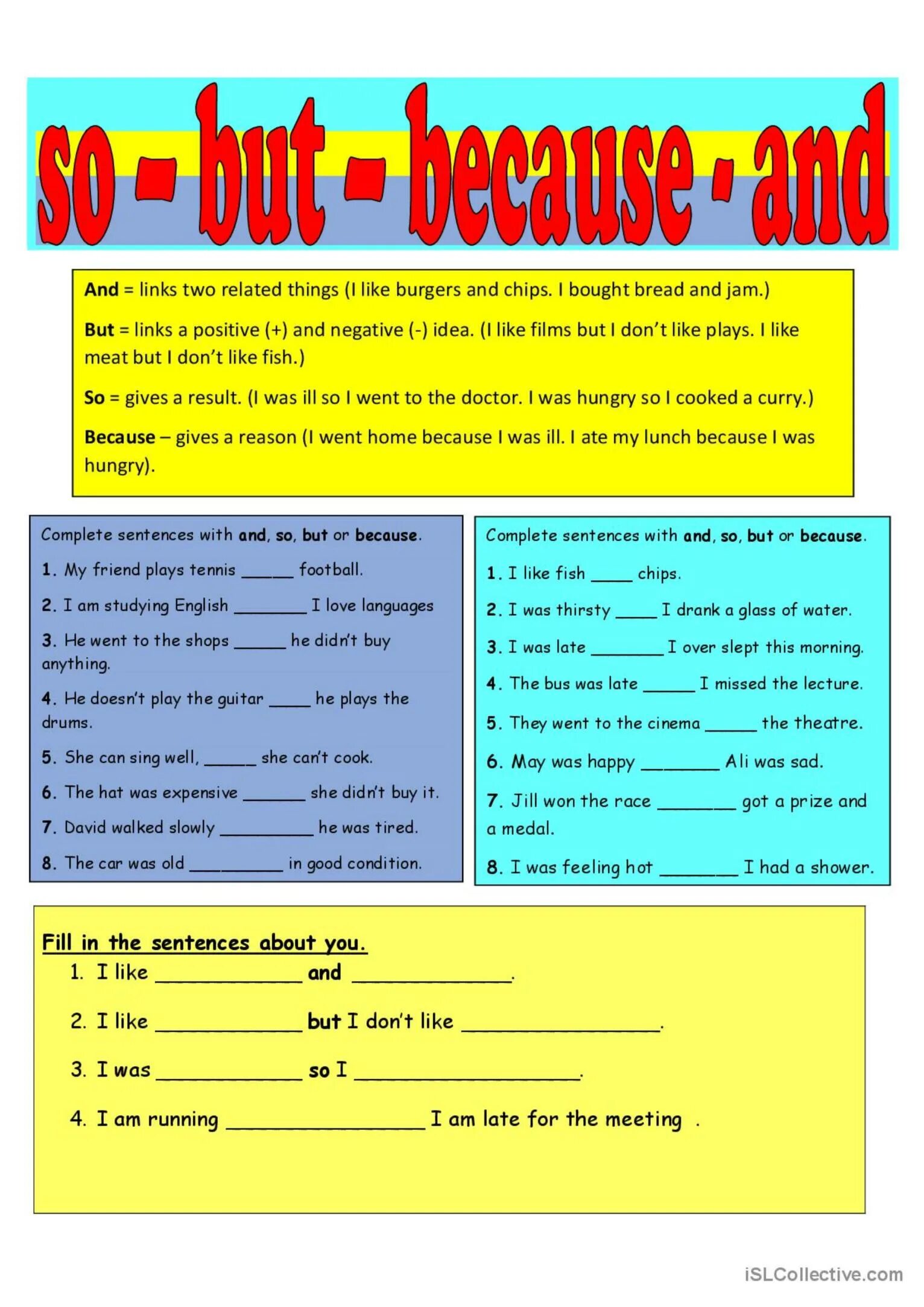 Complete the sentences with so or because. Conjunction в английском языке worksheets. союзы and but so because. союзы в английском языке worksheets. but and or упражнение.