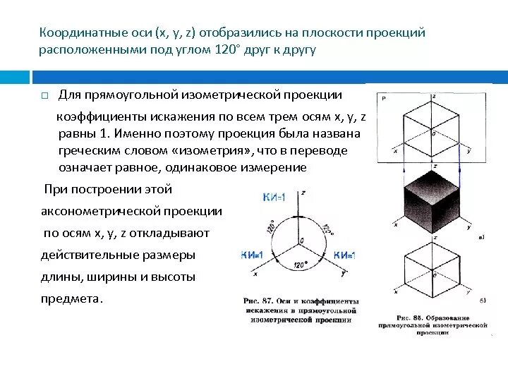 Прямоугольная изометрия коэффициенты искажения. Изометрическая проекция коэффициент искажения. аксонометрическая проекция в которой оси расположены под 120. оси изометрии под углом 120.