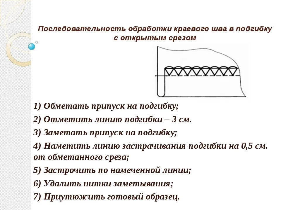 Подшивочный стежок. Схема шва вподгибку с открытым обметанным срезом. Обработка шва в подгибку с открытым срезом. Обработка низа изделия швом вподгибку. Шов в подгибку схема.