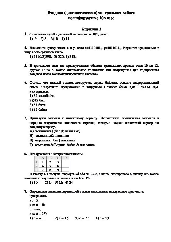 Входной контроль по информатике 10 класс. Контрольная по информатике 10-11 класс. Проверочная работа по информатике 10 класс. Входная контрольная работа по информатике 10 класс. Годовая контрольная работа по информатике 8 класс