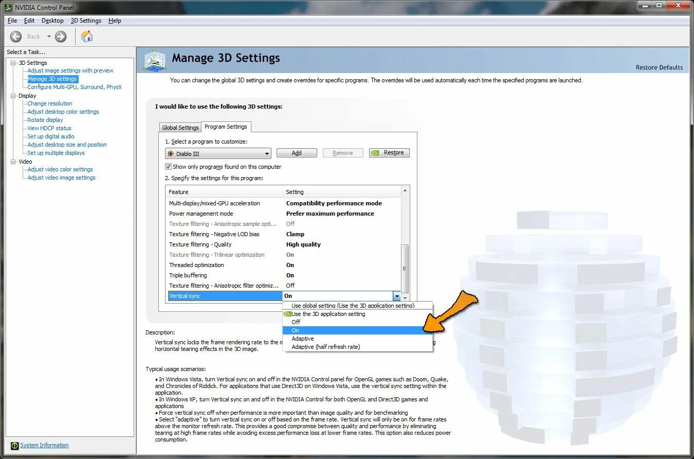 Vertical sync NVIDIA Control Panel. Vsync как включить NVIDIA. Anisotropic filtering setting. Manage 3d settings > Vertical sync > on. Как включить vsync