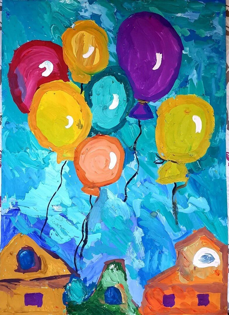 Воздушный шарик средняя группа. Рисование воздушными шариками. Воздушные шары гуашью. Детские рисунки. Рисование красками для детей.
