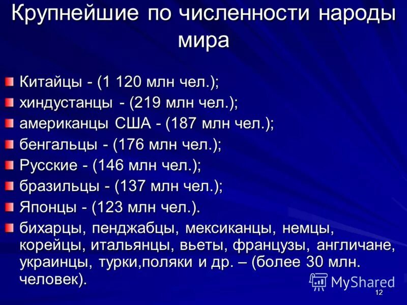 Народы по численности. Народы крупные по численности.