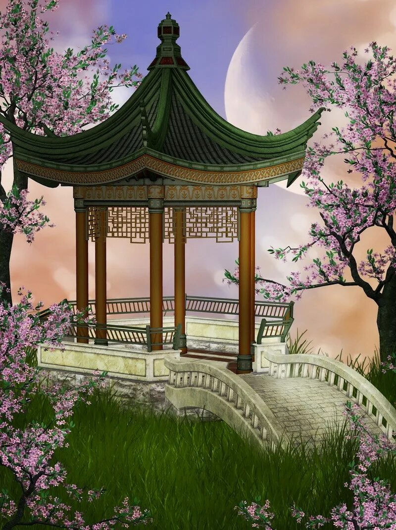 Японская живопись -Китай Сакура сад. Беседка Китай Сакура. Беседка в японском стиле. Сад в японском стиле.