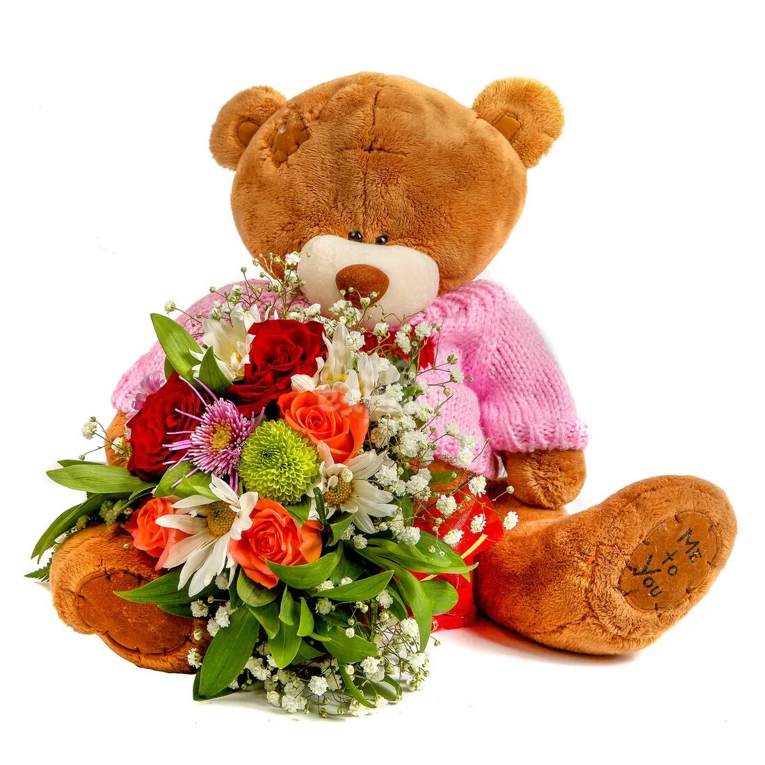 Интересные детские букеты. Цветы в подарок ребенку. Композиции из конфет и игрушек. Плюшевый медведь с цветами. Мишка с букетом цветов.