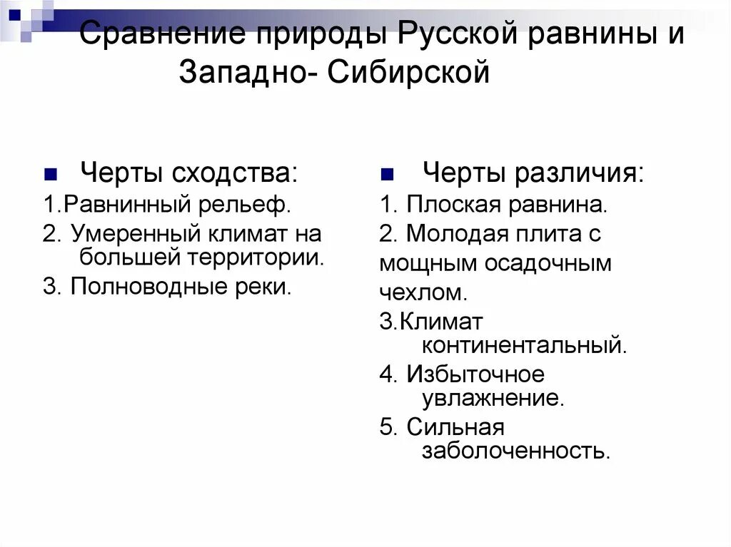 Различия урала и гор южной сибири таблица. Сравнение русской и Западно сибирской равнины. Сходства и различия русской равнины и Западно сибирской равнины. Сходства Западной Сибири и русской равнина. Западно Сибирская равнина и русская равнина сходства и различия.