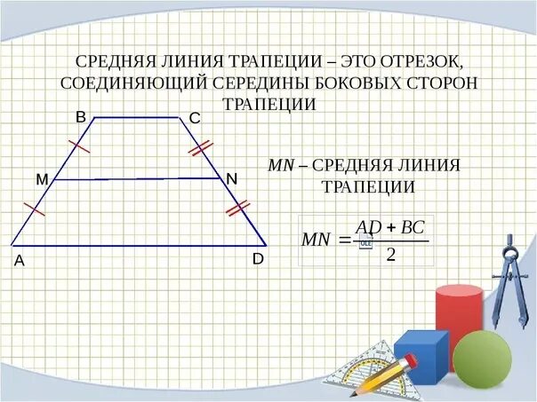 Формула нахождения средней линии трапеции. Средняя линия трапеции формула. Как находится средняя линия трапеции. Как найти среднюю линию трапеции.