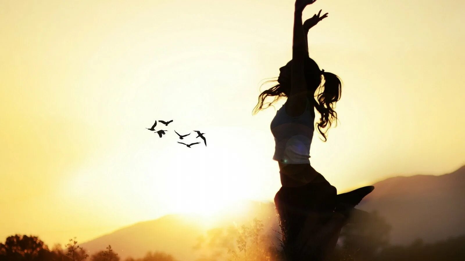 Красивые силуэты. Силуэт на фоне солнца. Девушка закат птицы. Девушка танцует.