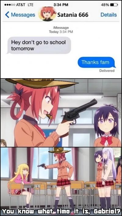 Could you call me tomorrow. Gabriel Dropout meme. Рафаэль и сатания мемы. Don't come to School tomorrow meme. Комикс сатания для озвучки слова.