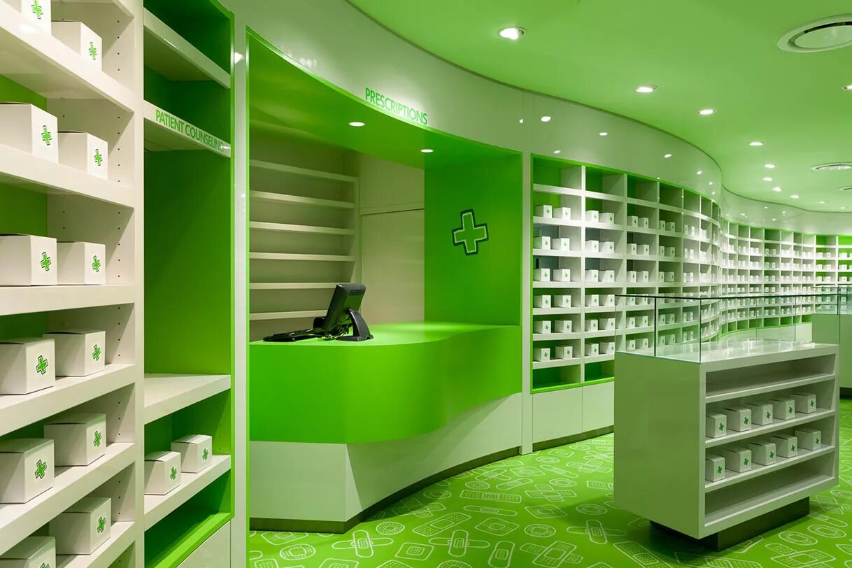 Зеленые интернет аптеки. Аптека Placebo Pharmacy (Афины, Греция). Интерьер аптеки. Современная аптека. Мебель для аптеки.