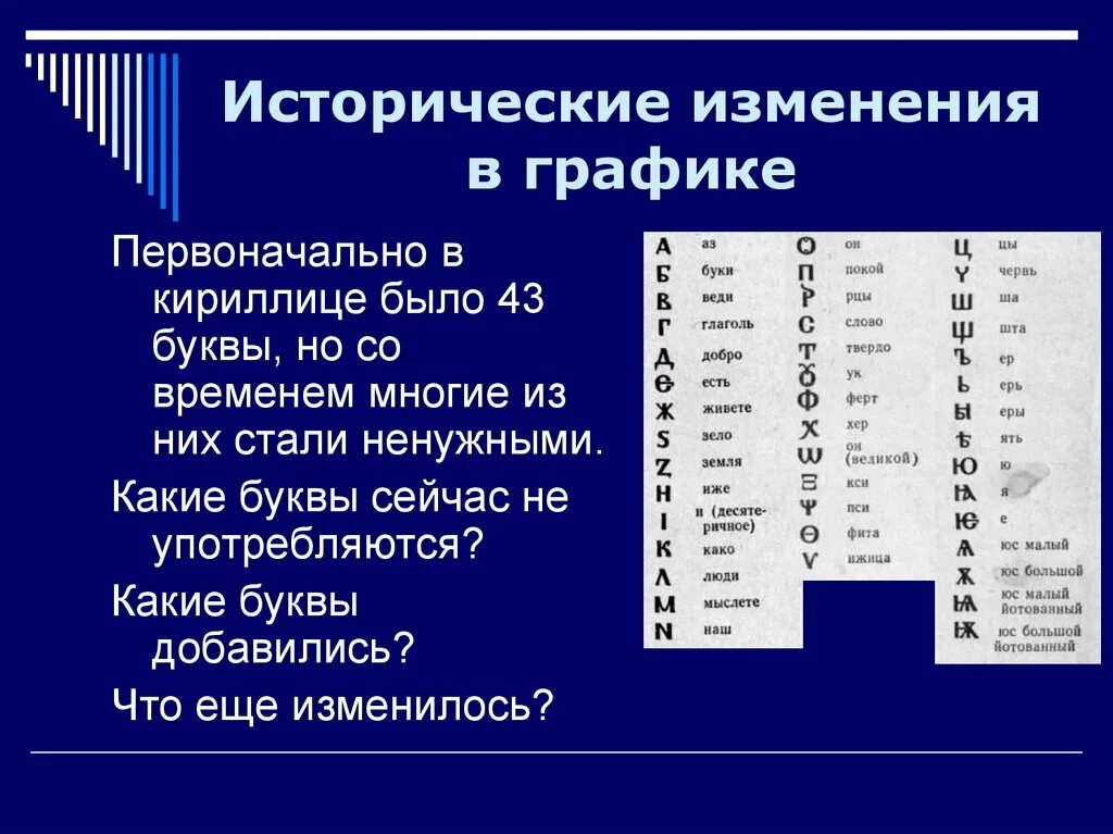 Почему 7 букв. Графические изменения в русском языке. Исторические изменения в русском языке. Изменение кириллицы. Исторические изменения языка график.