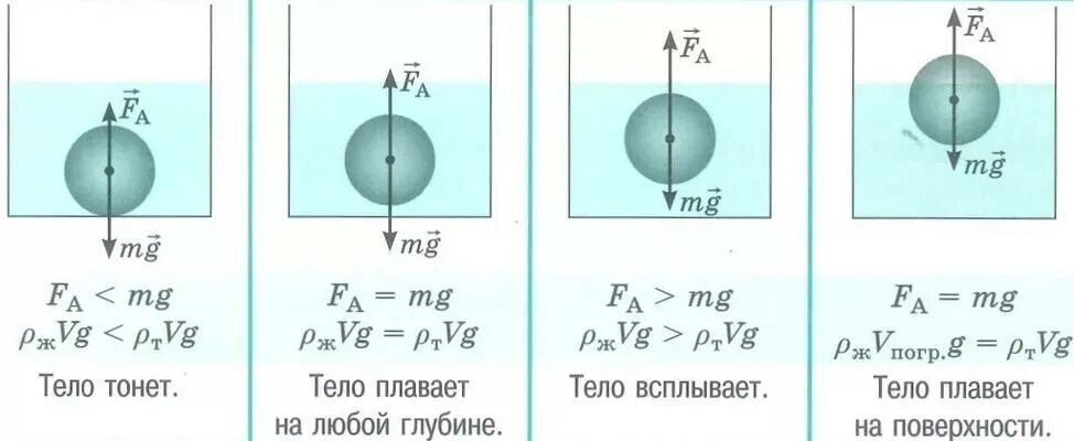 При каком соотношении сил действующих. Сила архимеда условия плавания тел. формулы по физике 7 класс условия плавания тел. физика условие плавания тела в жидкости. условие плавания тела внутри жидкости.