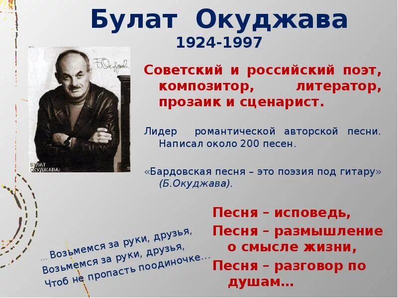 Бардовская поэзия. Б Окуджава. Сообщение о б ш окуджаве