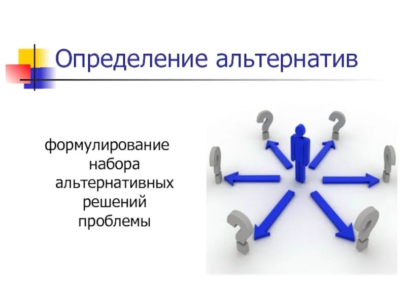 Выбор из возможных альтернатив. Определение альтернатив. выявление альтернатив. виды альтернатив. определение альтернативных решений.