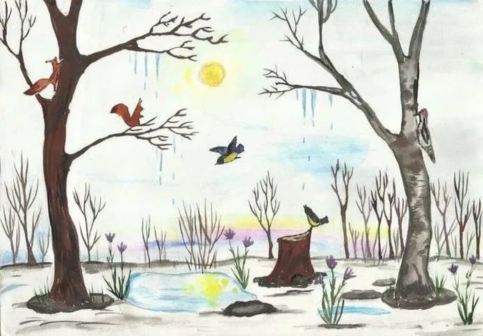Нарисуй картинку про весну. Весенние рисунки для детей. Рисунок на весеннюю тематику. Весенний пейзаж для детей.