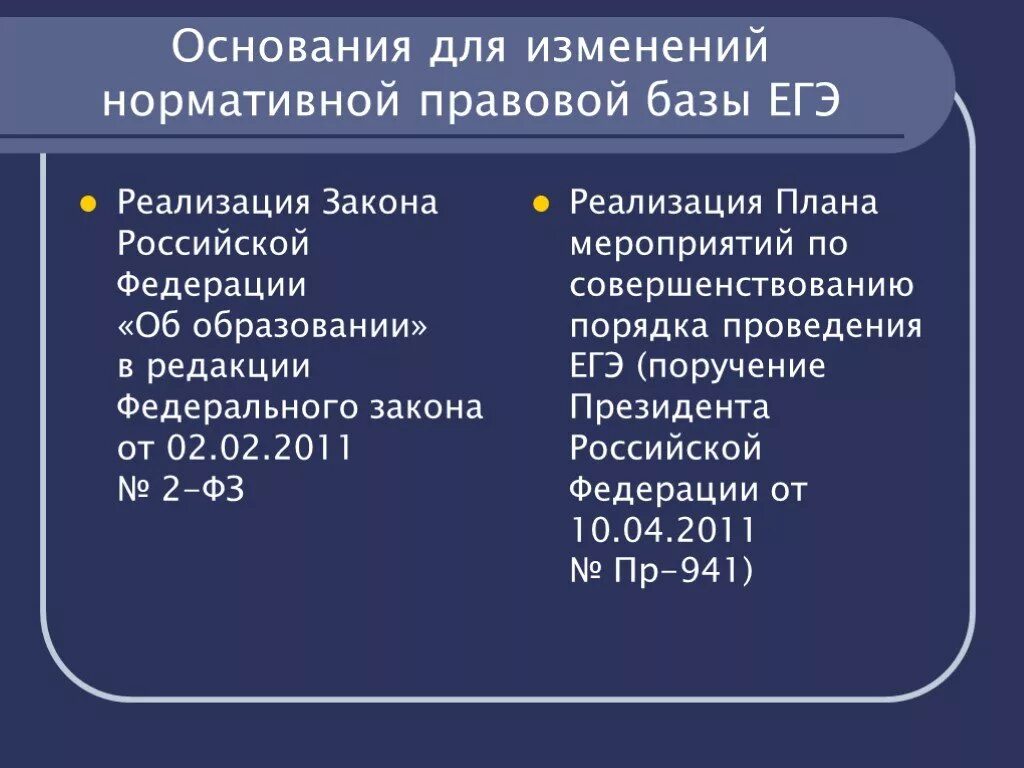 Происходили изменения в нормативные. Основания ЕГЭ. ФЗ О проведении ЕГЭ. Изменение нормативной базы слайд. Единый государственный экзамен по Федеральному закону.